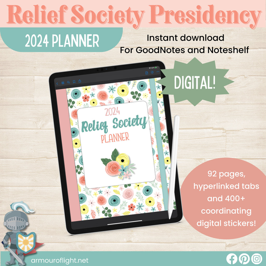 2024 LDS Relief Society Presidency digital planner for goodnotes or noteshelf with hyperlinks and digital planner stickers