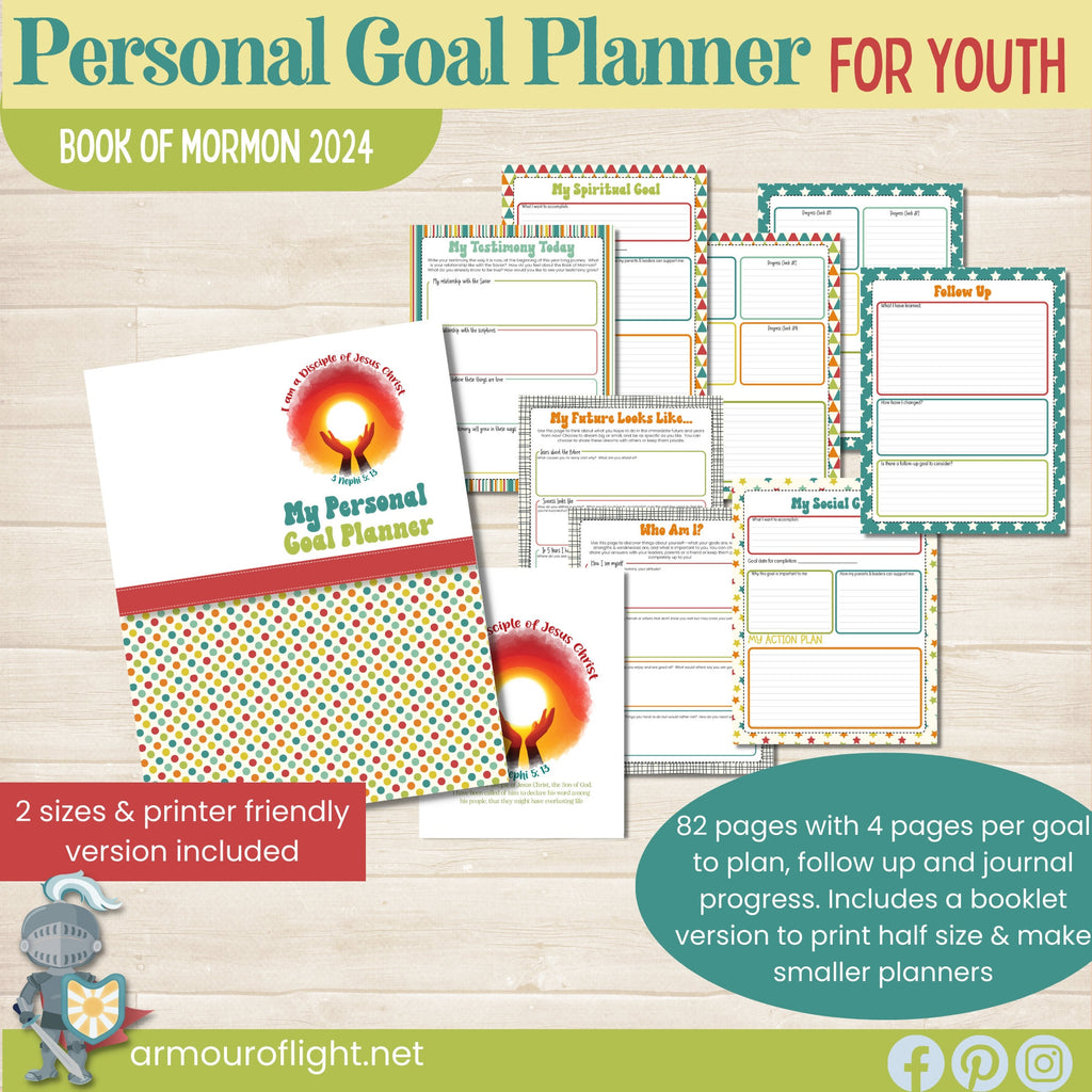 LDS personal goal planner for your to go with the Book of Mormon study of 2024. Includes pages for all four goal areas in the Children and Youth Program plus blank journal pages
