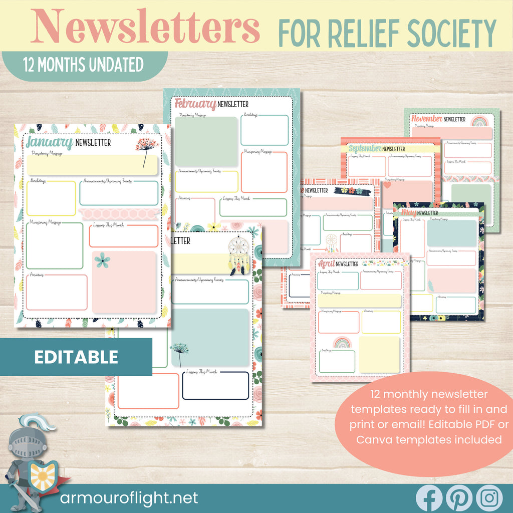 Use these LDS Relief Society Newsletters to share information and activities! The 12 monthly newsletters are each unique but with a common color scheme and theme. Edit with Canva or an editable PDF.
