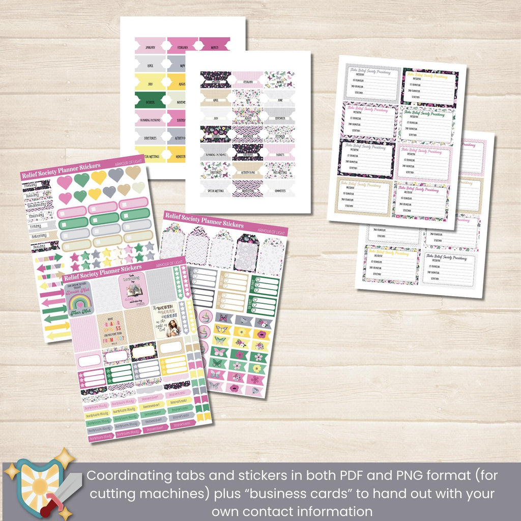 2025 Relief Society Planner with coordinating tabs and stickers.