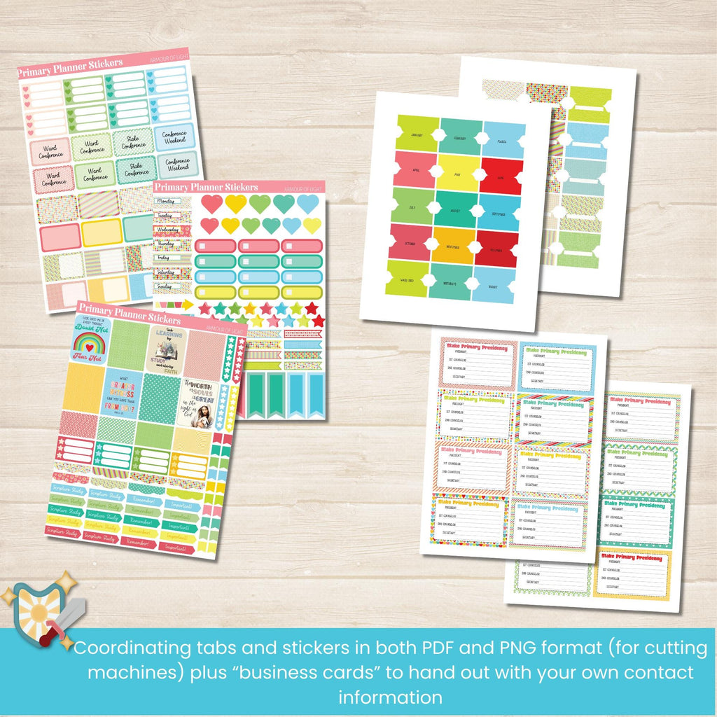 2025 Stake Primary Planner for Stake Primary Presidencies in The Church of Jesus Christ of Latter Day Saints. Editable planner with coordinating tabs, stickers and business cards.