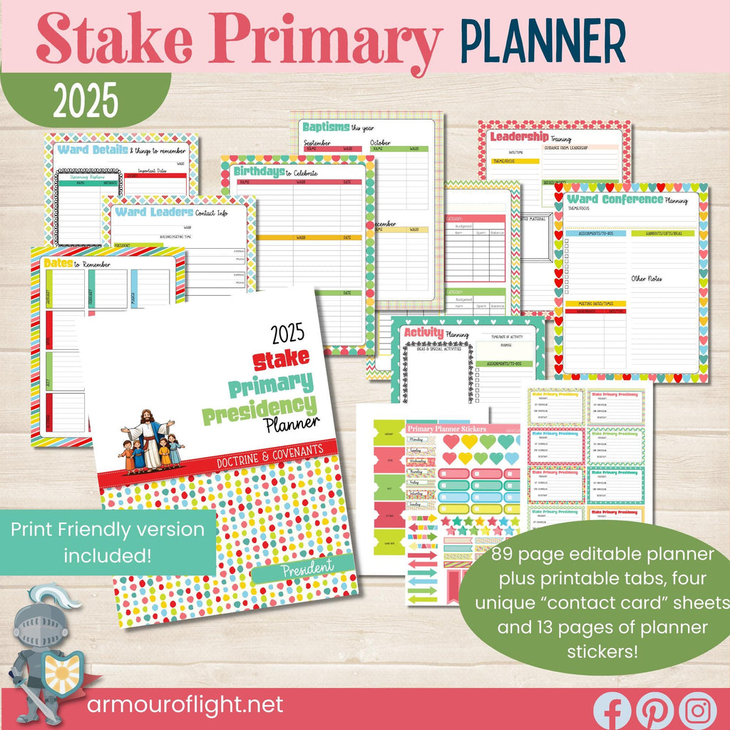 2025 Stake Primary Planner for Stake Primary Presidencies in The Church of Jesus Christ of Latter Day Saints. Editable planner with coordinating tabs, stickers and business cards.