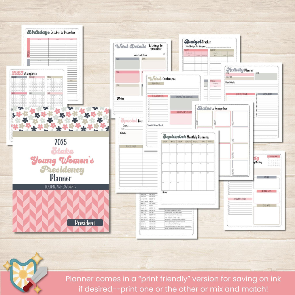 Stake Young Women&#39;s Presidency Planner for Stake Presidents in The Church of Jesus Christ of Latter Day Saints. Editable planner with Canva template, includes coordinating stickers and tabs.