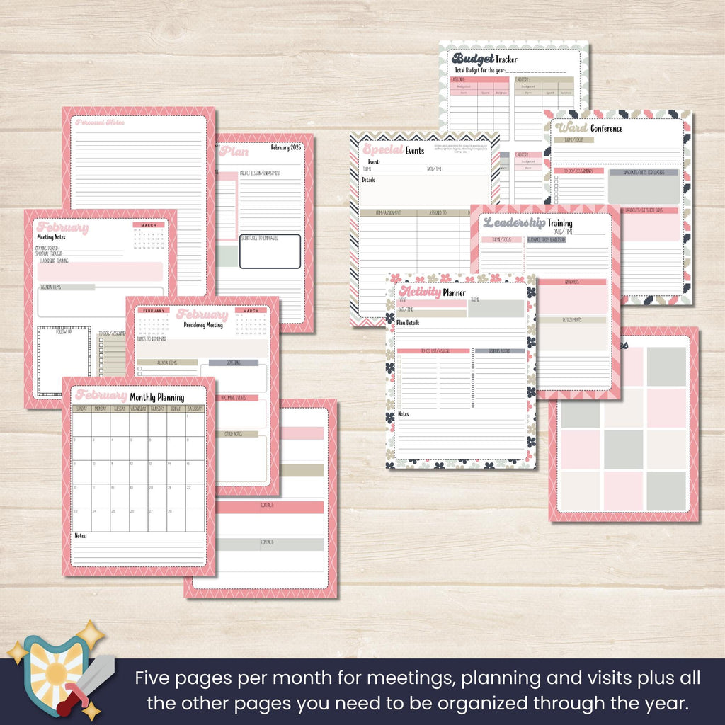 Stake Young Women&#39;s Presidency Planner for Stake Presidents in The Church of Jesus Christ of Latter Day Saints. Editable planner with Canva template, includes coordinating stickers and tabs.