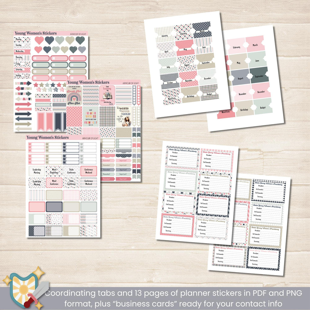 Stake Young Women&#39;s Presidency Planner for Stake Presidents in The Church of Jesus Christ of Latter Day Saints. Editable planner with Canva template, includes coordinating stickers and tabs.