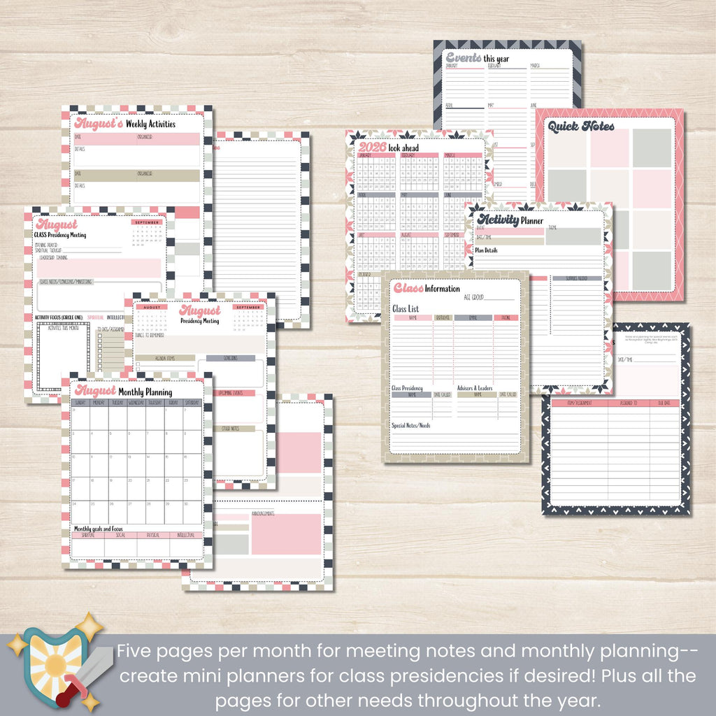 2025 Young Women&#39;s Presidency Planner for Young Women Presidents in The Church of Jesus Christ of Latter Day Saints. Includes lesson schedules for the Doctrine and Covenants, and coordinating tabs and stickers.