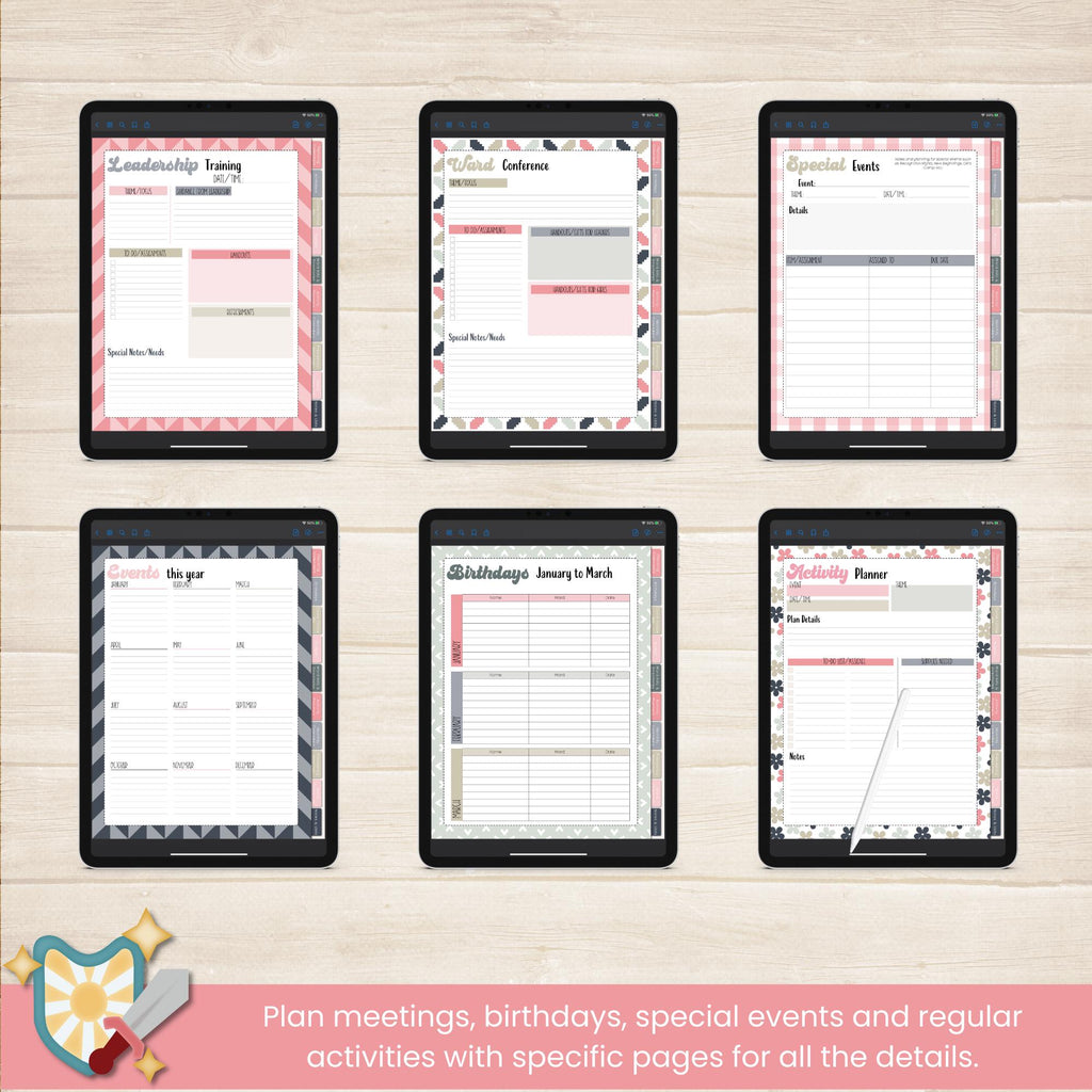 2025 STAKE Young Women&#39;s digital planner for GoodNotes or Noteshelf with 134 pages and digital PNG stickers. Specifically for Stake Young Women&#39;s presidents of The Church of Jesus Christ of Latter Day Saints.