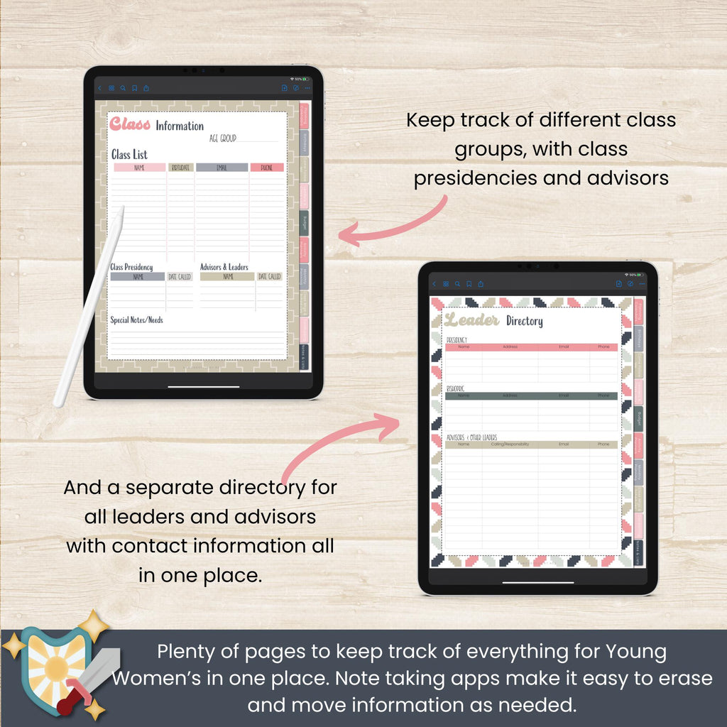 2025 Young Women&#39;s Presidency digital planner with hyperlinked tabs and PNG stickers for GoodNotes or other note taking apps. Specifically for Young Women&#39;s presidents in The Church of Jesus Christ of Latter Day Saints.