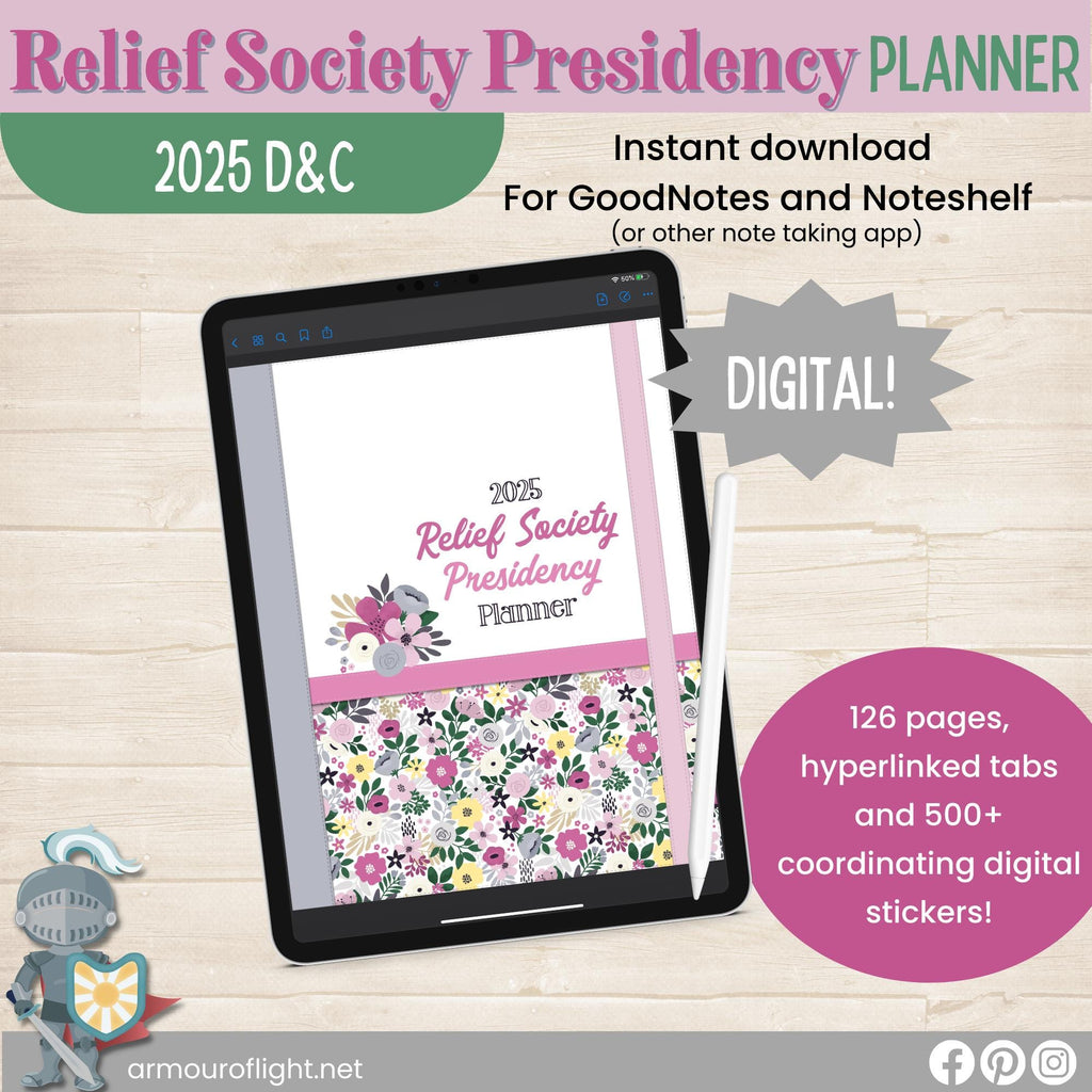 2025 Relief Society Presidency Digital planner for GoodNotes. Includes digital stickers and pages specific to the Relief Society President in The Church of Jesus Christ of Latter Day Saints.