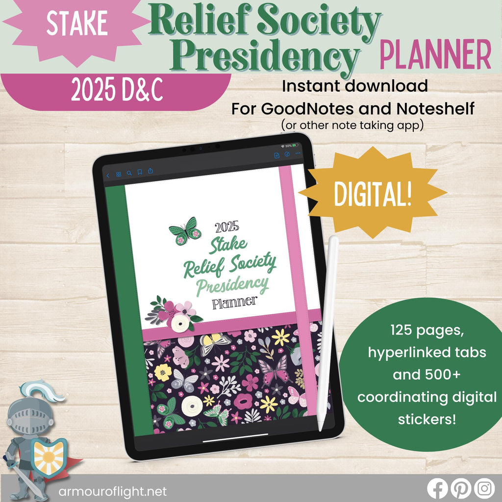 2025 Stake Relief Society Presidency digital planner. 126 pages specifically for LDS Stake Relief Society Presidents in The Church of Jesus Christ of Latter Day Saints. Includes organizing pages, meeting planners, and digital PNG stickers.