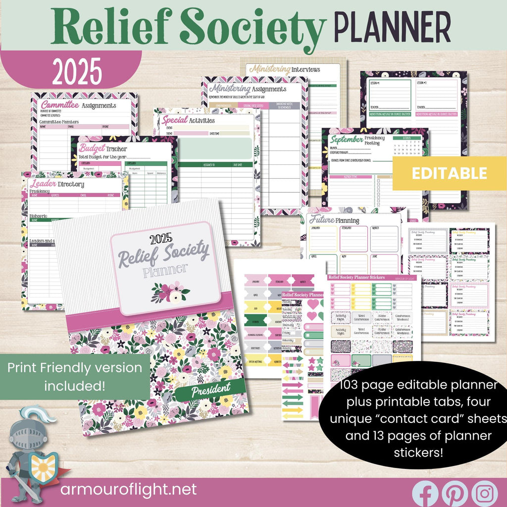 2025 Relief Society Planner with coordinating tabs and stickers.