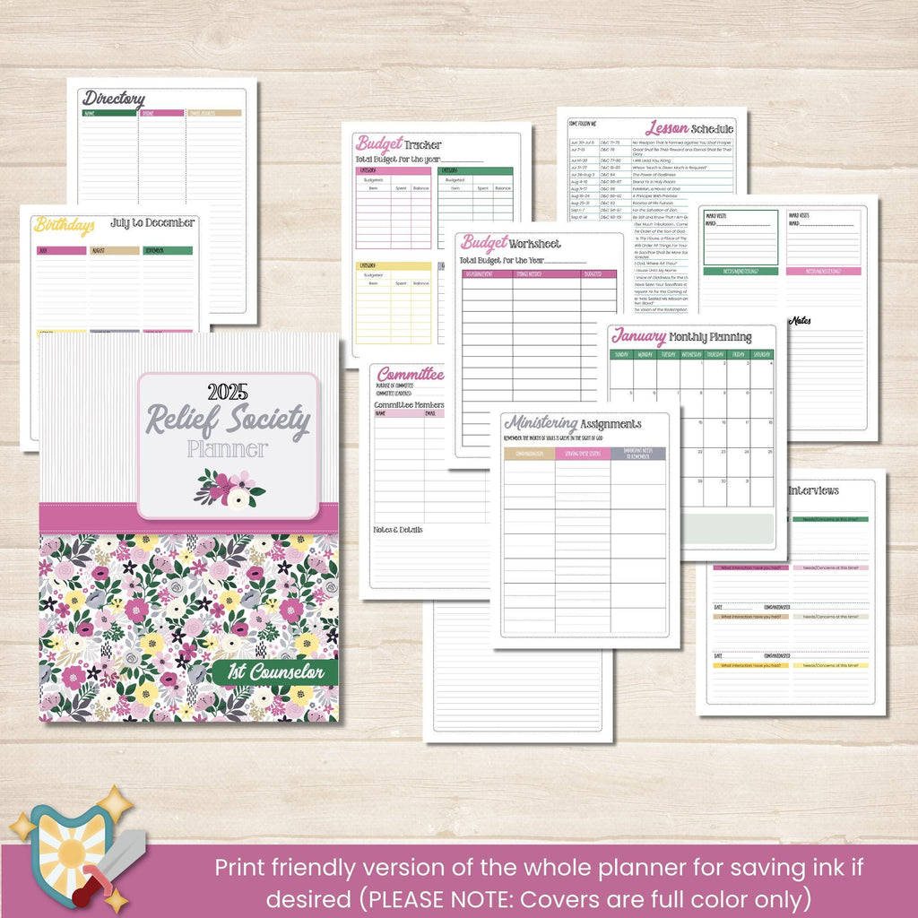 2025 Relief Society Planner with coordinating tabs and stickers.