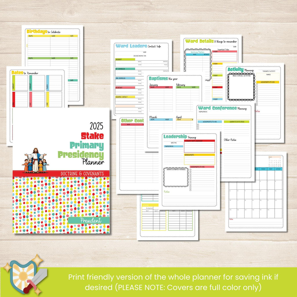 2025 Stake Primary Planner for Stake Primary Presidencies in The Church of Jesus Christ of Latter Day Saints. Editable planner with coordinating tabs, stickers and business cards.