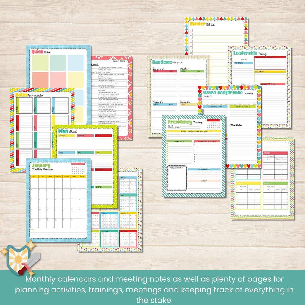 2025 Stake Primary Planner for Stake Primary Presidencies in The Church of Jesus Christ of Latter Day Saints. Editable planner with coordinating tabs, stickers and business cards.