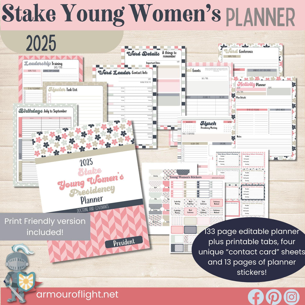 Stake Young Women&#39;s Presidency Planner for Stake Presidents in The Church of Jesus Christ of Latter Day Saints. Editable planner with Canva template, includes coordinating stickers and tabs.