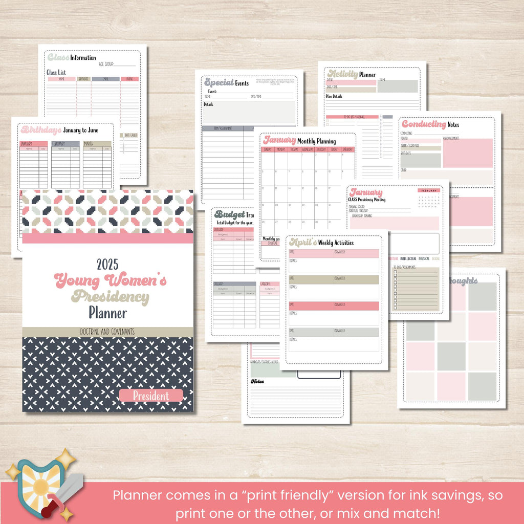 2025 Young Women&#39;s Presidency Planner for Young Women Presidents in The Church of Jesus Christ of Latter Day Saints. Includes lesson schedules for the Doctrine and Covenants, and coordinating tabs and stickers.