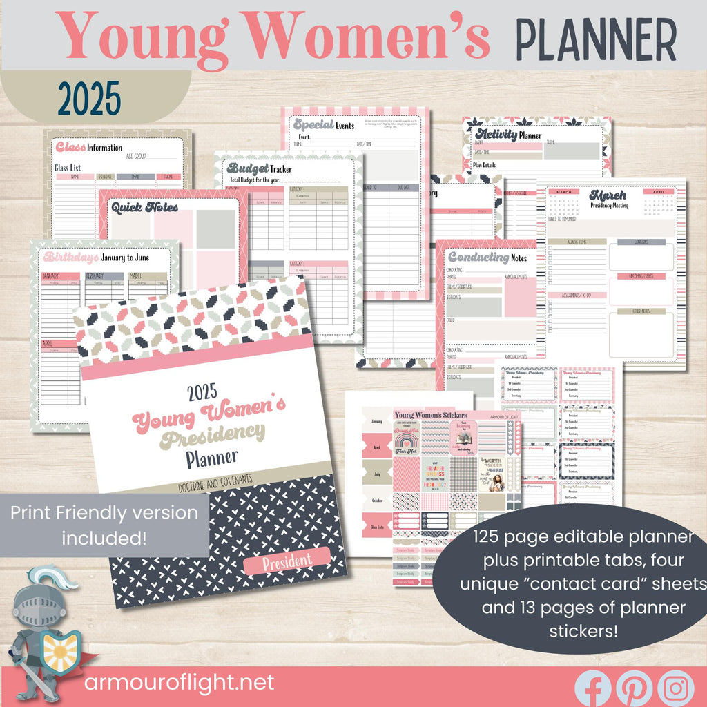 2025 Young Women&#39;s Presidency Planner for Young Women Presidents in The Church of Jesus Christ of Latter Day Saints. Includes lesson schedules for the Doctrine and Covenants, and coordinating tabs and stickers.