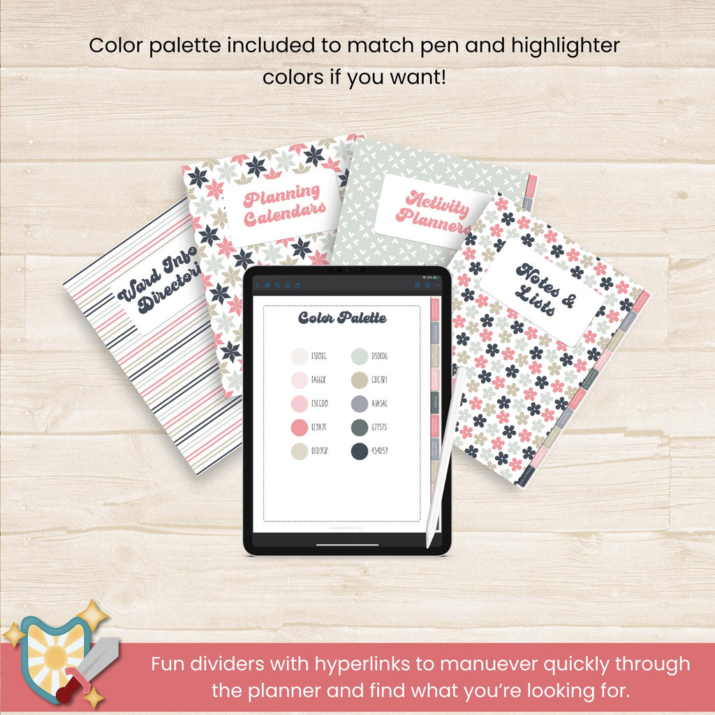 2025 STAKE Young Women&#39;s digital planner for GoodNotes or Noteshelf with 134 pages and digital PNG stickers. Specifically for Stake Young Women&#39;s presidents of The Church of Jesus Christ of Latter Day Saints.