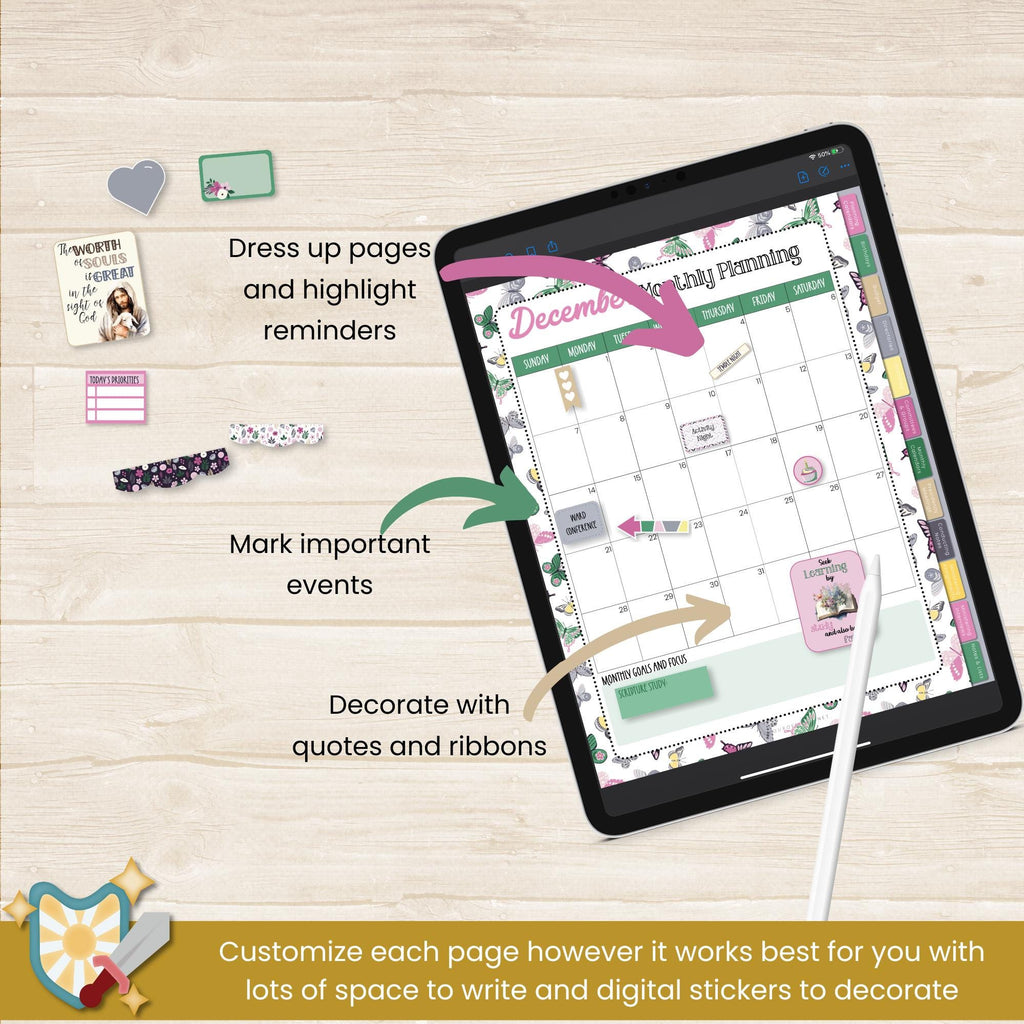 2025 Relief Society Presidency Digital planner for GoodNotes. Includes digital stickers and pages specific to the Relief Society President in The Church of Jesus Christ of Latter Day Saints.