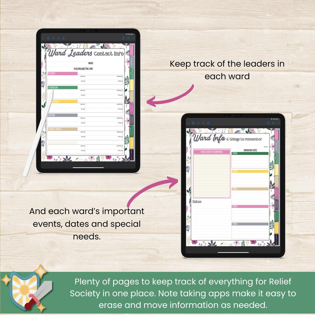 2025 Stake Relief Society Presidency digital planner. 126 pages specifically for LDS Stake Relief Society Presidents in The Church of Jesus Christ of Latter Day Saints. Includes organizing pages, meeting planners, and digital PNG stickers.