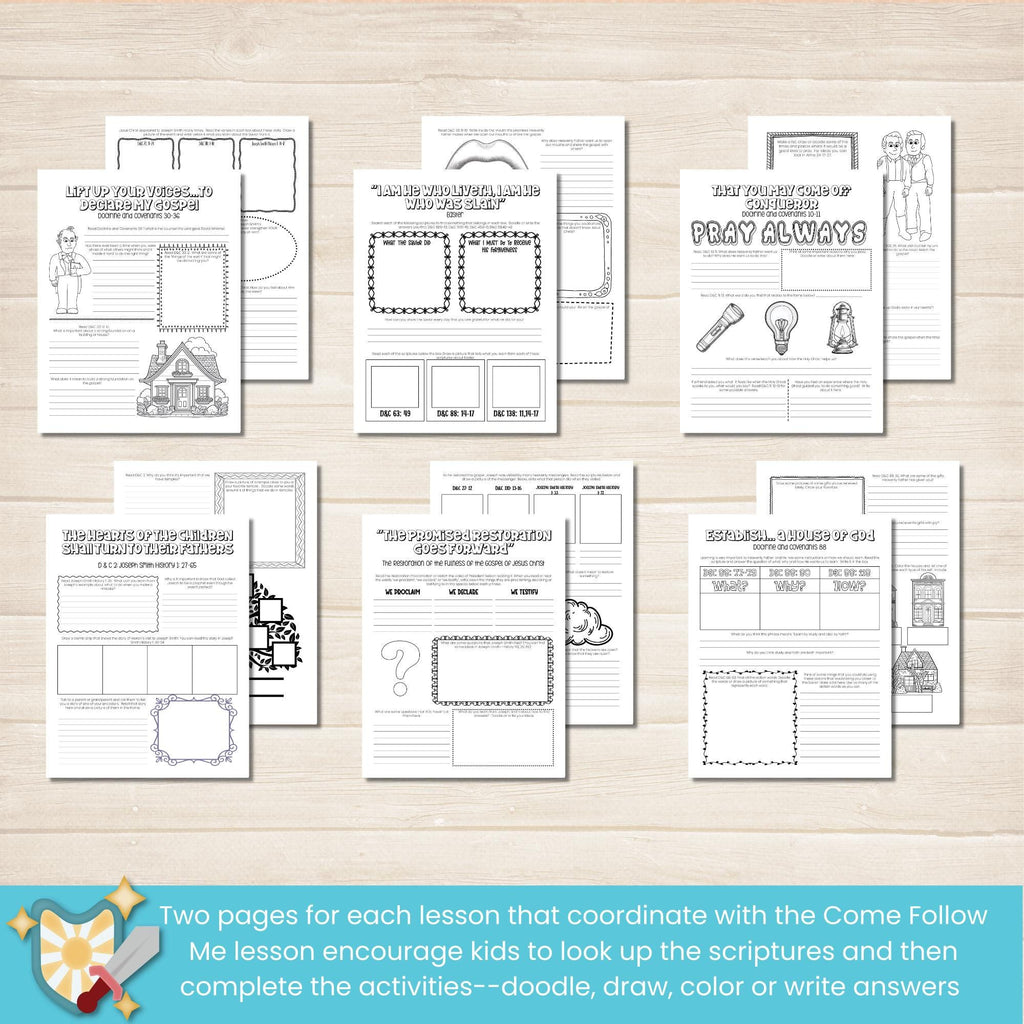 Come Follow Me Study Companion for Kids for the Doctrine and Covenants in 2025. This workbook has two pages per lesson that go with the Come Follow Me manual for the D&C, plus4 pages of printable stickers.