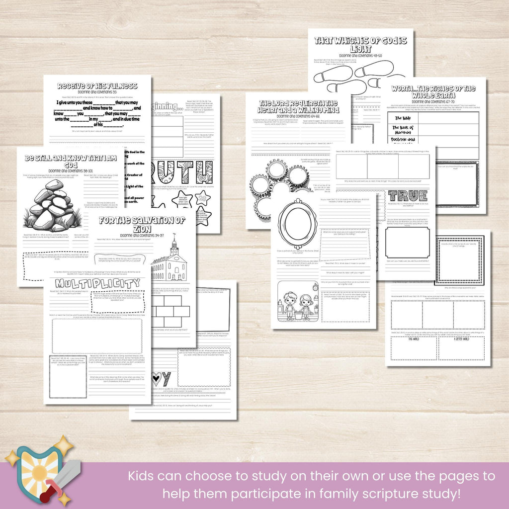 Come Follow Me Study Companion for Kids for the Doctrine and Covenants in 2025. This workbook has two pages per lesson that go with the Come Follow Me manual for the D&C, plus4 pages of printable stickers.