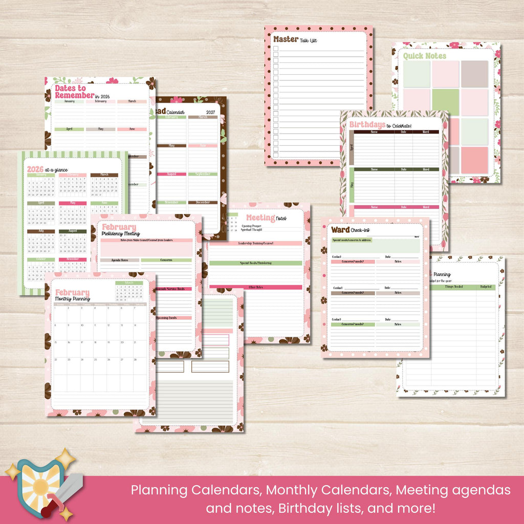 2026 Stake Relief Society Presidency planner for meeting notes, organizing ward directories, planning ward conference and leadership training, keeping track of budgets, and Come Follow Me note pages for personal scripture study.