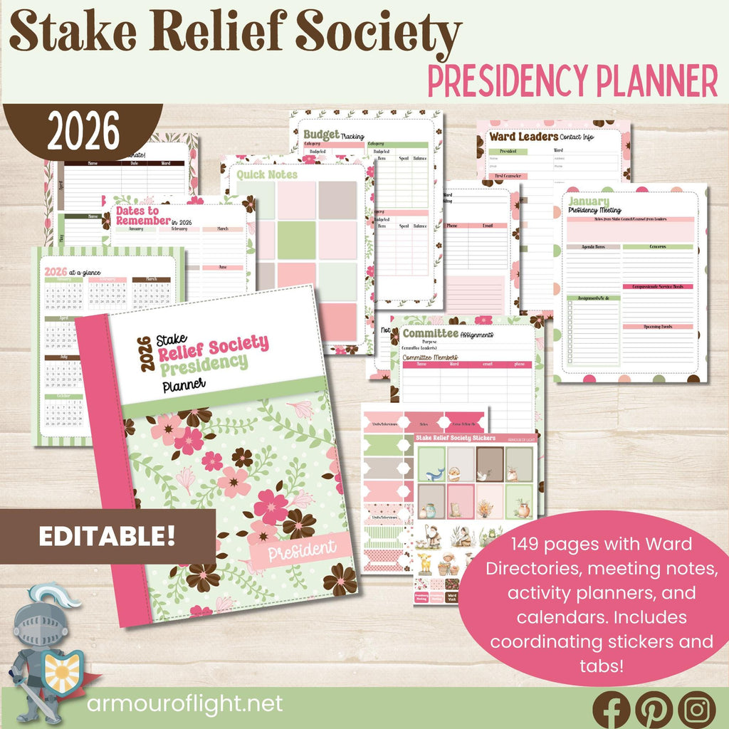 2026 Stake Relief Society Presidency planner for meeting notes, organizing ward directories, planning ward conference and leadership training, keeping track of budgets, and Come Follow Me note pages for personal scripture study.