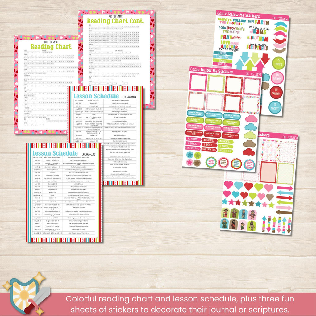 2026 Old Testament Come Follow Me study companion for kids in pink, red, and green colors. Two pages per lesson to help children learn from the scriptures with activities that have them look up verses, then color, draw, doodle or write what they learn.