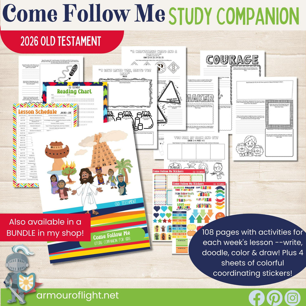 2026 Old Testament Come Follow Me study companion for kids in blue, red, and green colors. Two pages per lesson to help children learn from the scriptures with activities that have them look up verses, then color, draw, doodle or write what they learn.
