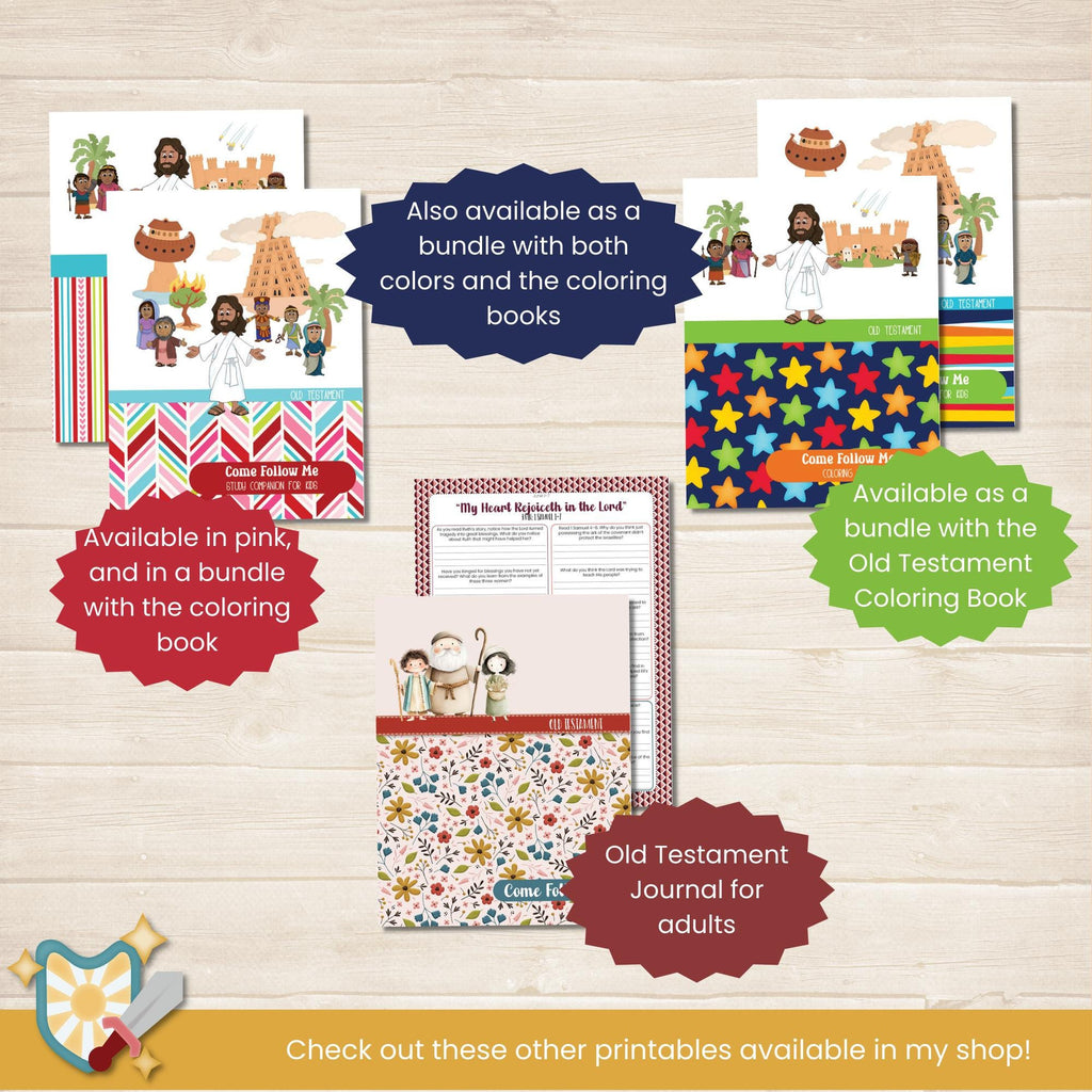 2026 Old Testament Come Follow Me bundle that includes the workbook and coloring book for kids in pink, red, and green colors. Two pages per lesson to help children learn from the scriptures with activities that have them look up verses, then color, draw, doodle or write what they learn. Coloring book includes 117 pages with people from the Old Testament to color and a companion journal page with activities for each character.