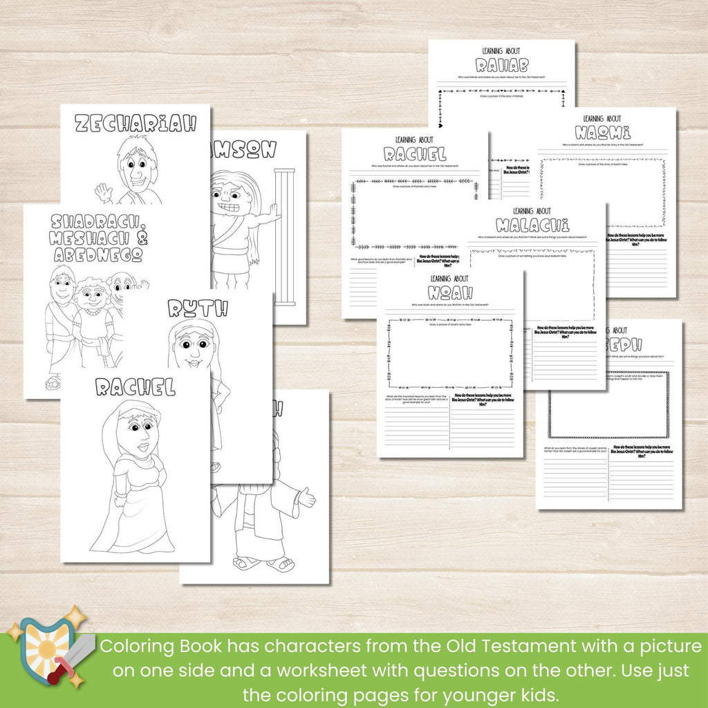2026 Old Testament Come Follow Me bundle that includes the workbook and coloring book for kids in blue, red, and green colors. Two pages per lesson to help children learn from the scriptures with activities that have them look up verses, then color, draw, doodle or write what they learn. Coloring book includes 117 pages with people from the Old Testament to color and a companion journal page with activities for each character.