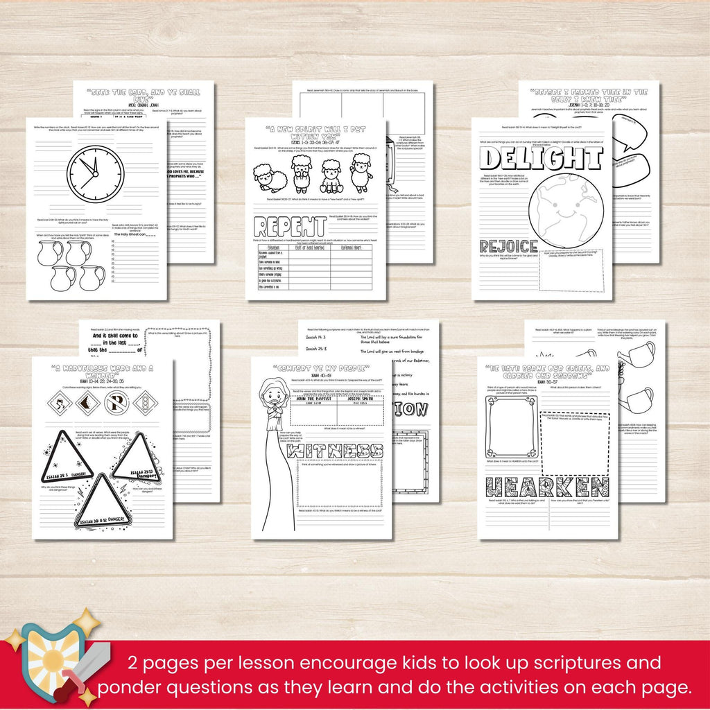 2026 Old Testament Come Follow Me bundle that includes the workbook and coloring book for kids in blue, red, and green colors. Two pages per lesson to help children learn from the scriptures with activities that have them look up verses, then color, draw, doodle or write what they learn. Coloring book includes 117 pages with people from the Old Testament to color and a companion journal page with activities for each character.