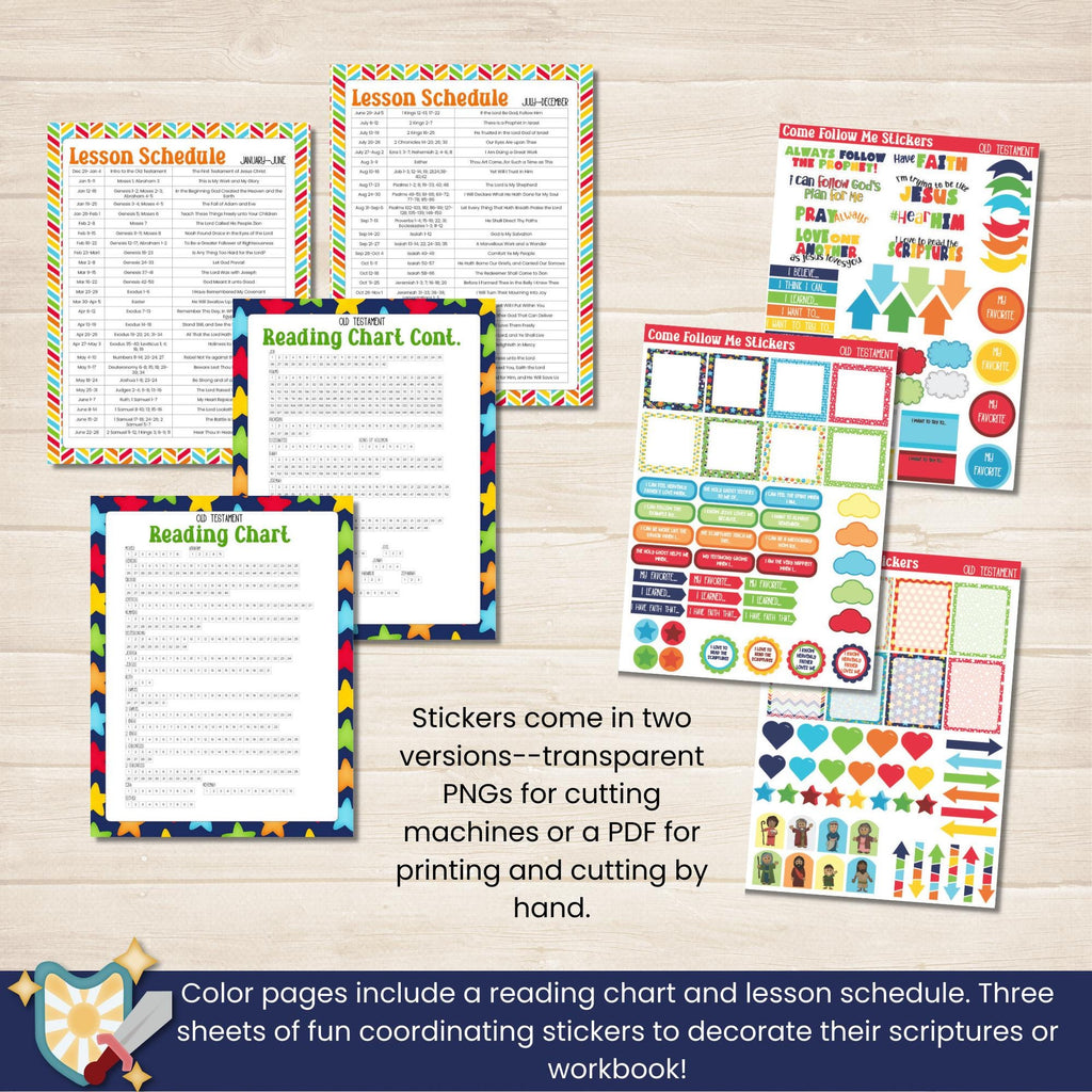 2026 Old Testament Come Follow Me bundle that includes the workbook and coloring book for kids in blue, red, and green colors. Two pages per lesson to help children learn from the scriptures with activities that have them look up verses, then color, draw, doodle or write what they learn. Coloring book includes 117 pages with people from the Old Testament to color and a companion journal page with activities for each character.
