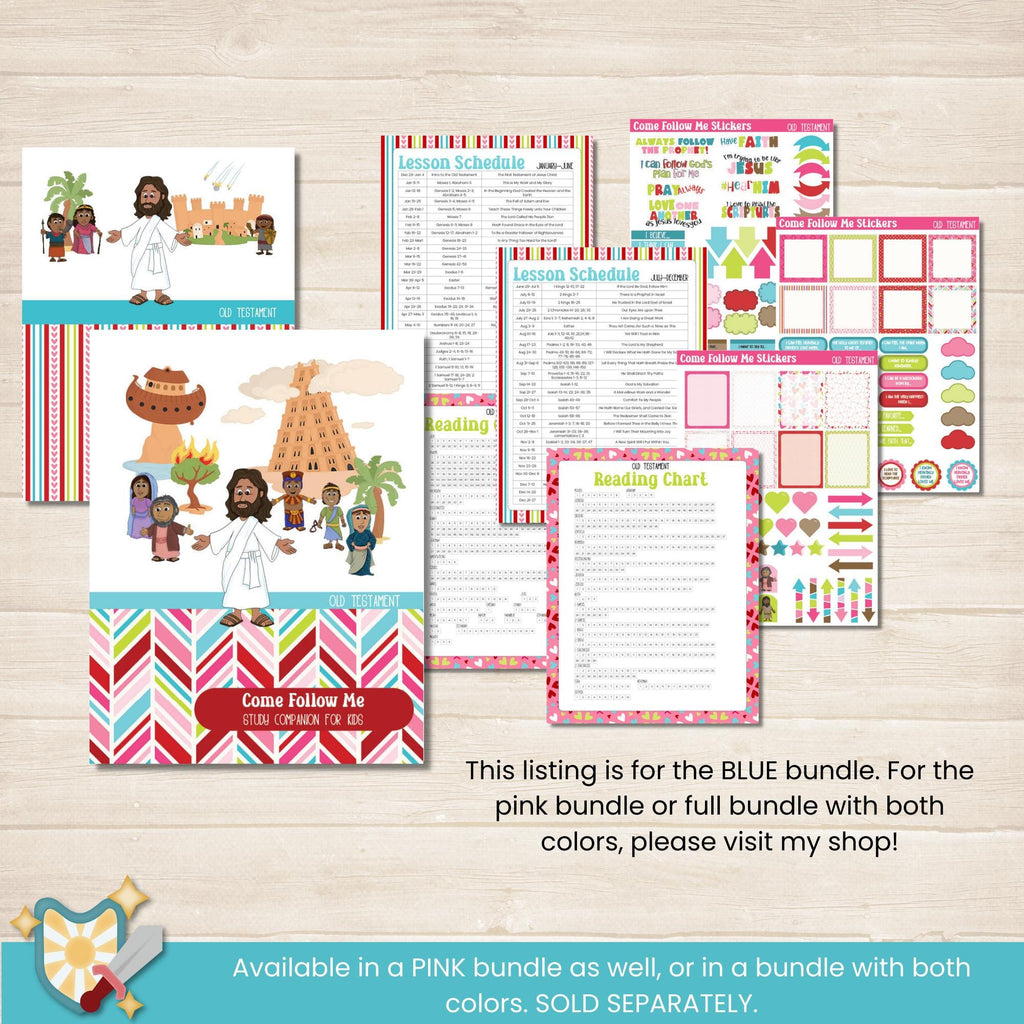 2026 Old Testament Come Follow Me bundle that includes the workbook and coloring book for kids in blue, red, and green colors. Two pages per lesson to help children learn from the scriptures with activities that have them look up verses, then color, draw, doodle or write what they learn. Coloring book includes 117 pages with people from the Old Testament to color and a companion journal page with activities for each character.