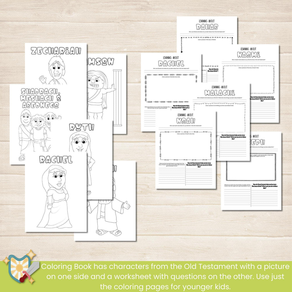 2026 Old Testament Come Follow Me bundle that includes the workbook and coloring book for kids in both pink and blue colors. Two pages per lesson to help children learn from the scriptures with activities that have them look up verses, then color, draw, doodle or write what they learn. Coloring book includes 117 pages with people from the Old Testament to color and a companion journal page with activities for each character.