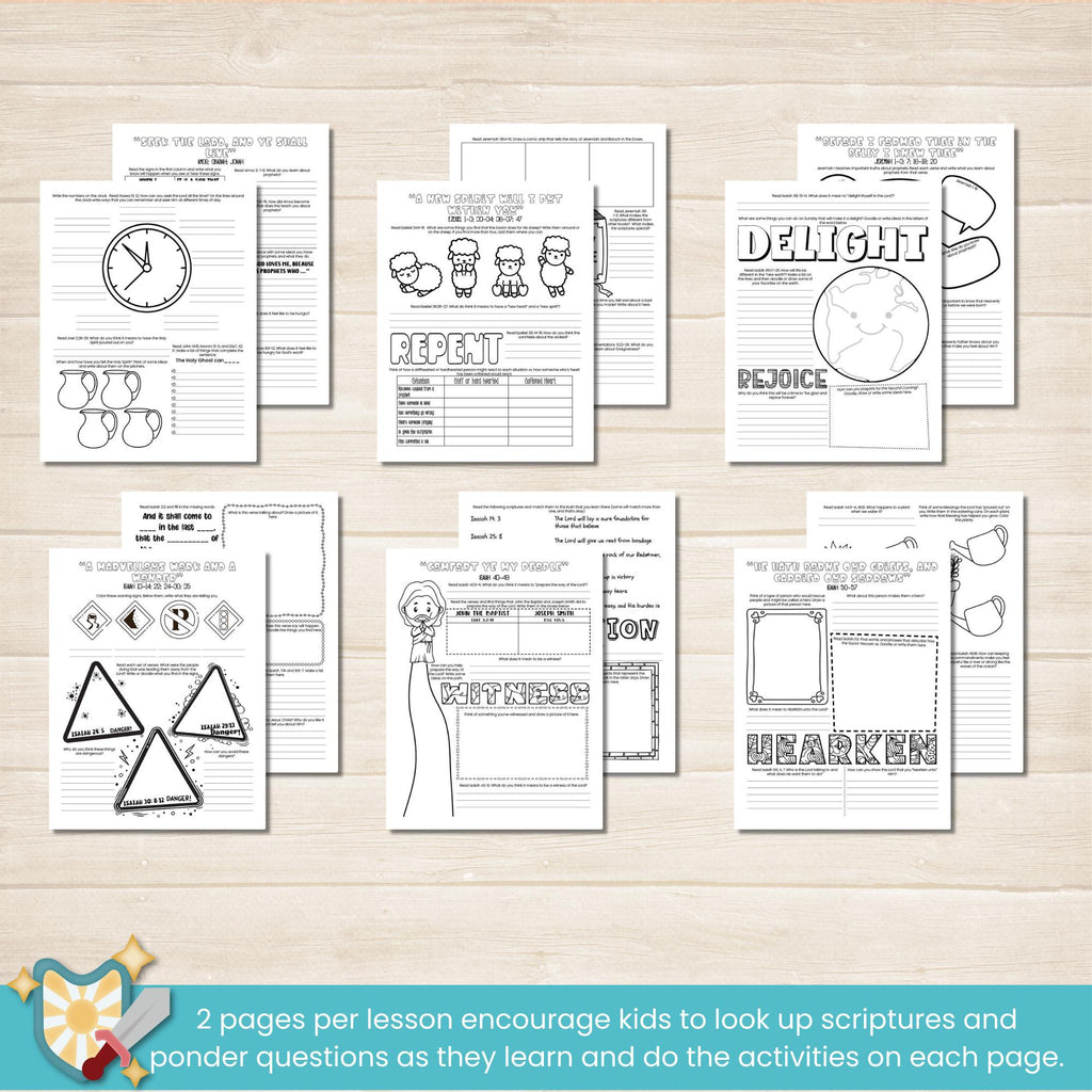 2026 Old Testament Come Follow Me bundle that includes the workbook and coloring book for kids in both pink and blue colors. Two pages per lesson to help children learn from the scriptures with activities that have them look up verses, then color, draw, doodle or write what they learn. Coloring book includes 117 pages with people from the Old Testament to color and a companion journal page with activities for each character.