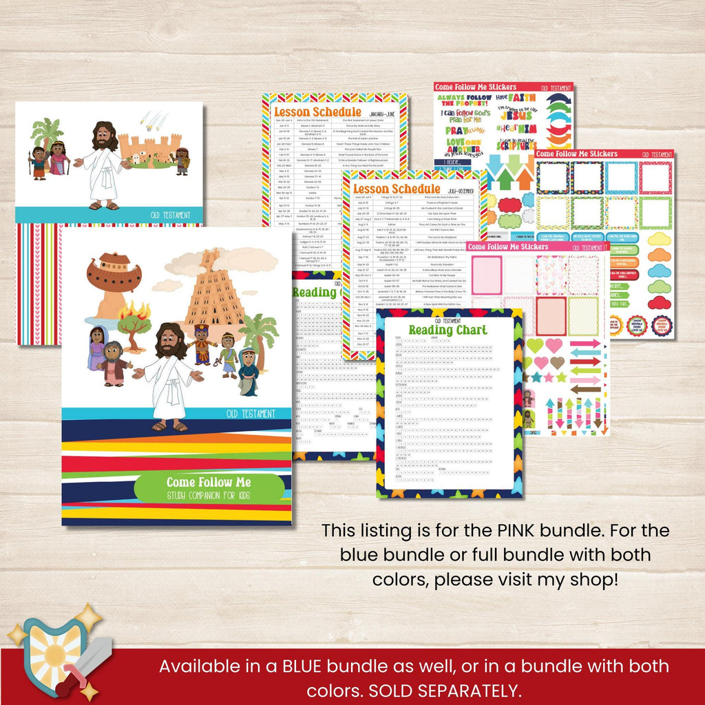 2026 Old Testament Come Follow Me bundle that includes the workbook and coloring book for kids in pink, red, and green colors. Two pages per lesson to help children learn from the scriptures with activities that have them look up verses, then color, draw, doodle or write what they learn. Coloring book includes 117 pages with people from the Old Testament to color and a companion journal page with activities for each character.