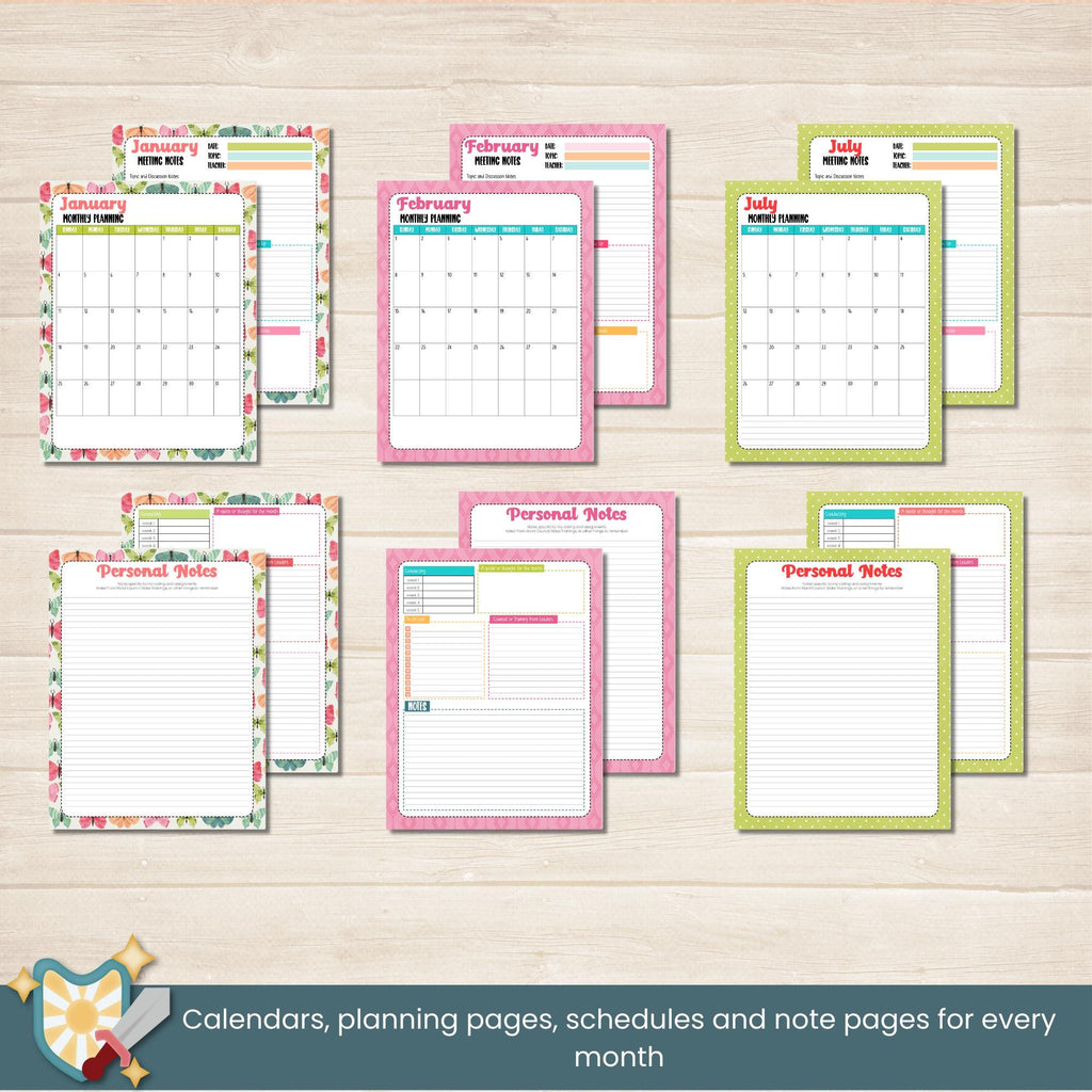 2026 Primary Presidency Planner for Primary Presidents in the Church of Jesus Christ of Latter Day Saints. Monthly calendars, meeting notes, activity planners, birthdays, lesson schedules and Come Follow Me planning pages. Includes 11 pages of coordinating stickers and 7 pages of tabs to organize and assemble the planner. Also includes teacher kits and door signs for Primary.