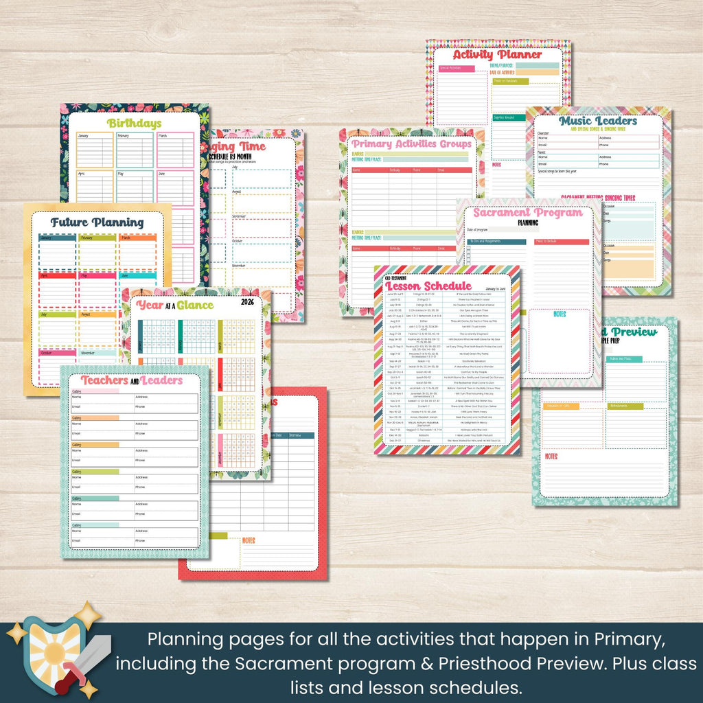 2026 Primary Presidency Planner for Primary Presidents in the Church of Jesus Christ of Latter Day Saints. Monthly calendars, meeting notes, activity planners, birthdays, lesson schedules and Come Follow Me planning pages. Includes 11 pages of coordinating stickers and 7 pages of tabs to organize and assemble the planner. Also includes teacher kits and door signs for Primary.