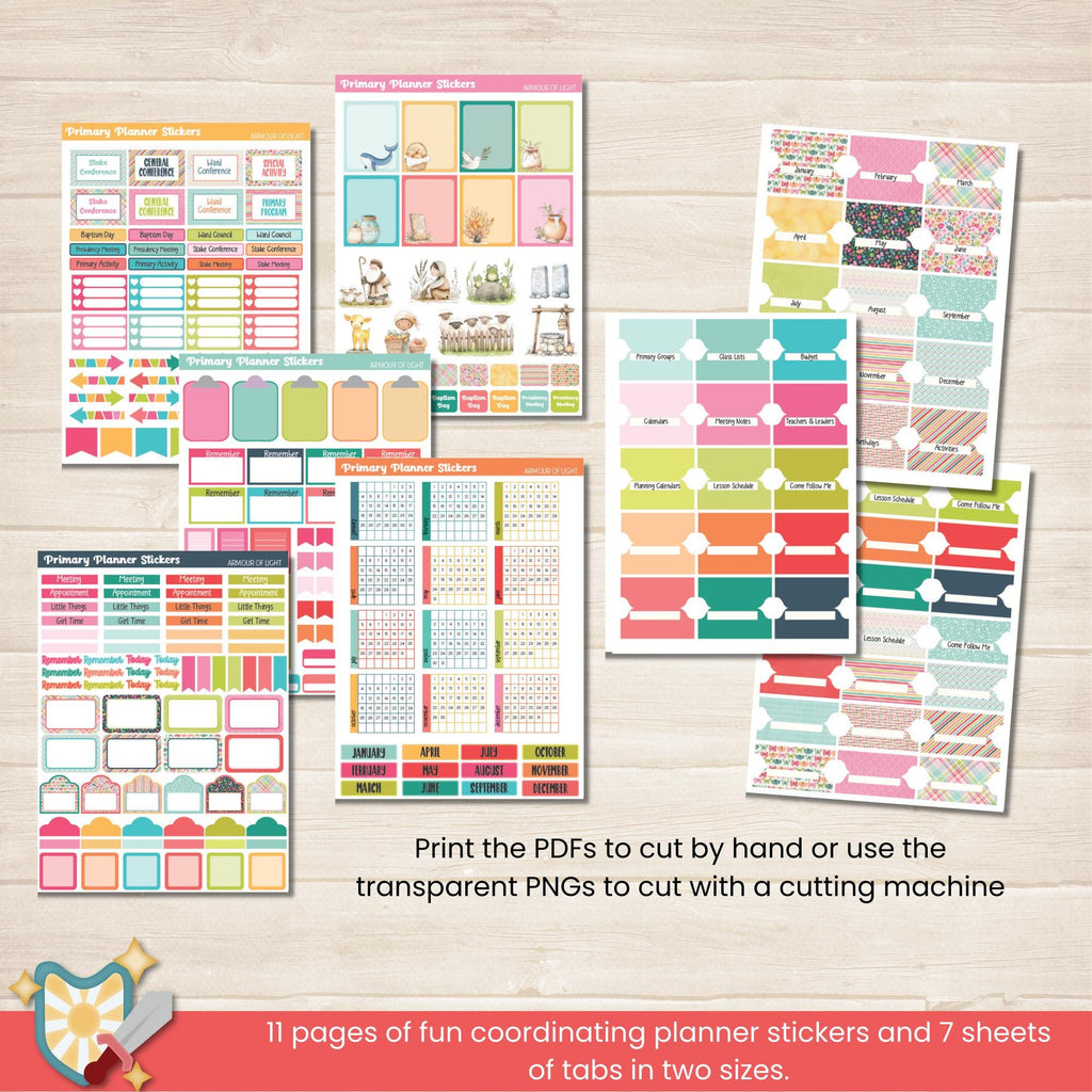 2026 Primary Presidency Planner for Primary Presidents in the Church of Jesus Christ of Latter Day Saints. Monthly calendars, meeting notes, activity planners, birthdays, lesson schedules and Come Follow Me planning pages. Includes 11 pages of coordinating stickers and 7 pages of tabs to organize and assemble the planner. Also includes teacher kits and door signs for Primary.