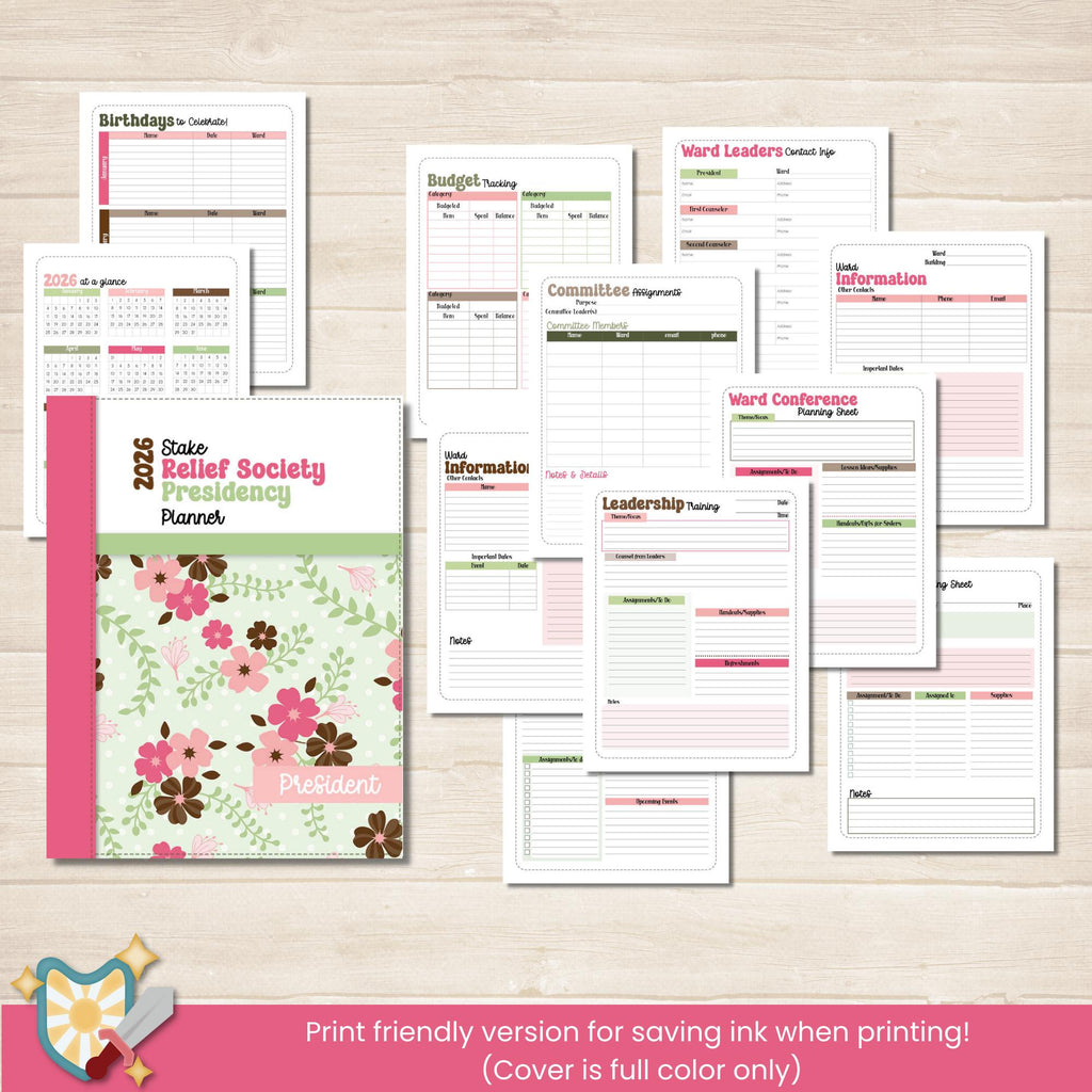 2026 Stake Relief Society Presidency planner for meeting notes, organizing ward directories, planning ward conference and leadership training, keeping track of budgets, and Come Follow Me note pages for personal scripture study.