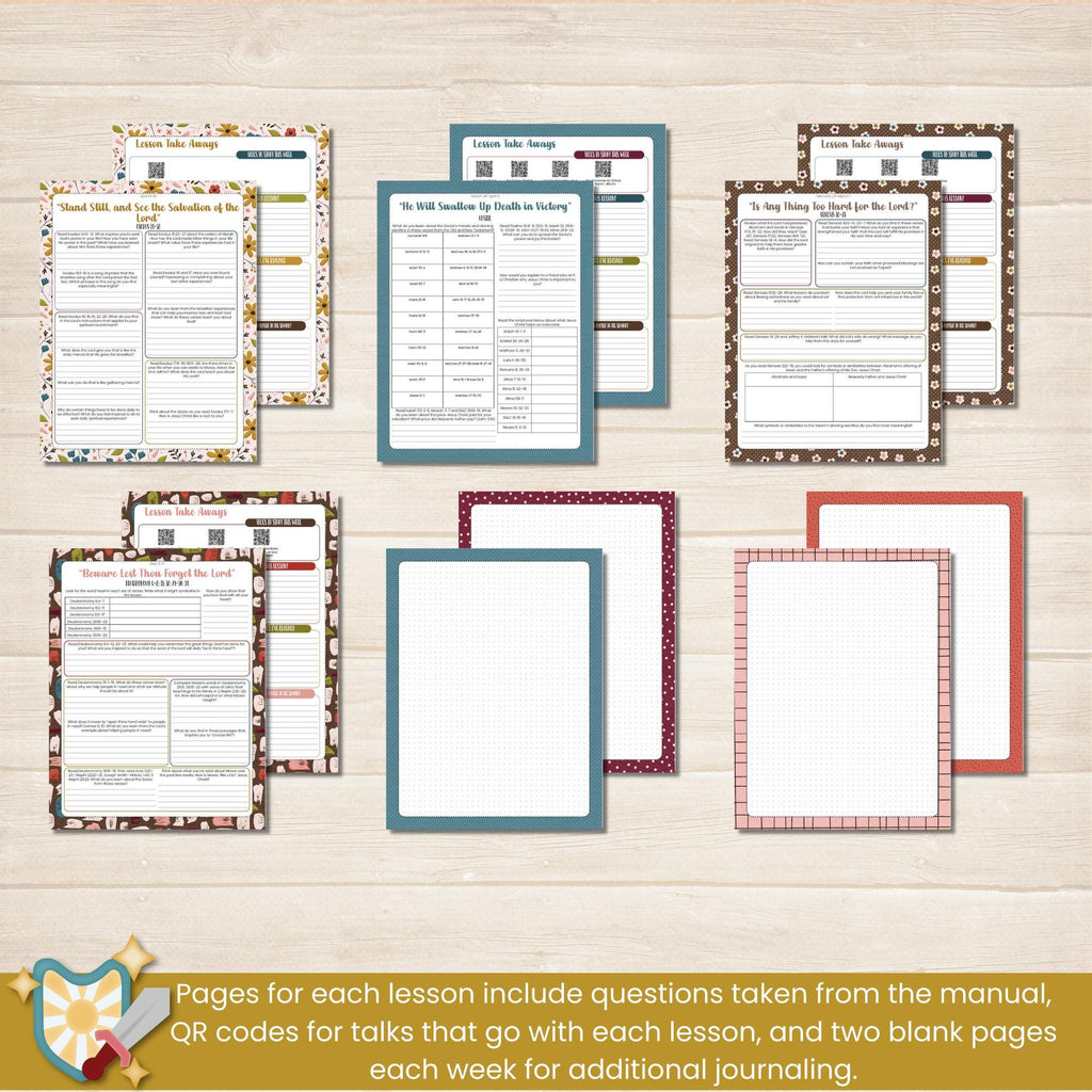 2026 Come Follow Me scripture study journal for the Old Testament includes four pages per lesson with guided prompts, QR codes to talks for each lesson, and a lot of blank pages for personal note taking.