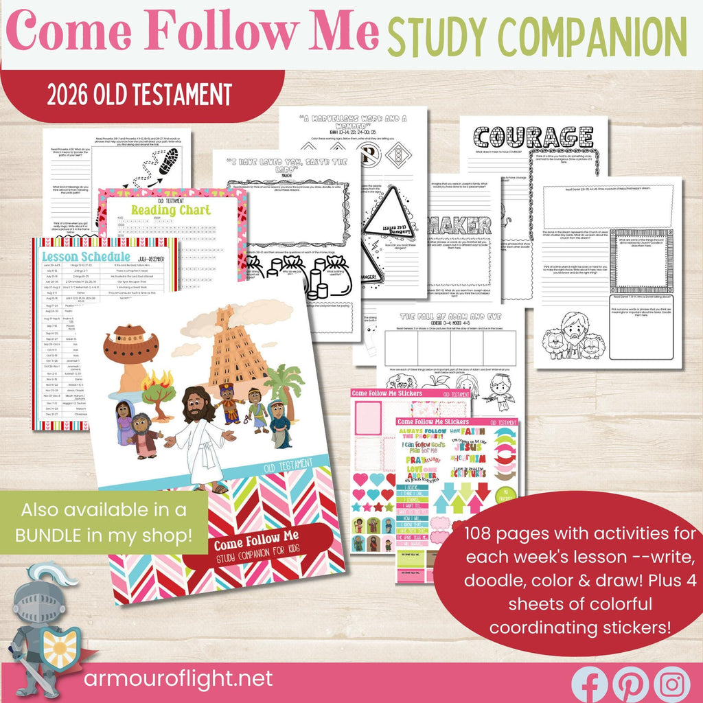 2026 Old Testament Come Follow Me study companion for kids in pink, red, and green colors. Two pages per lesson to help children learn from the scriptures with activities that have them look up verses, then color, draw, doodle or write what they learn.