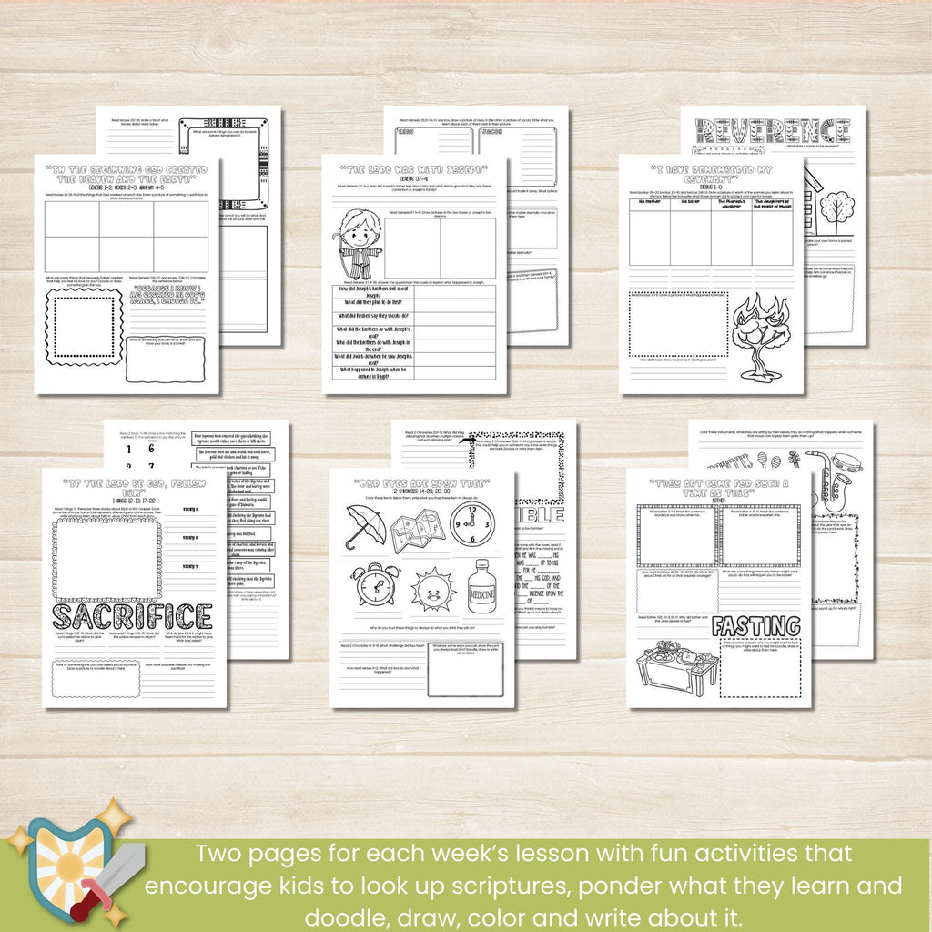 2026 Old Testament Come Follow Me study companion for kids in pink, red, and green colors. Two pages per lesson to help children learn from the scriptures with activities that have them look up verses, then color, draw, doodle or write what they learn.