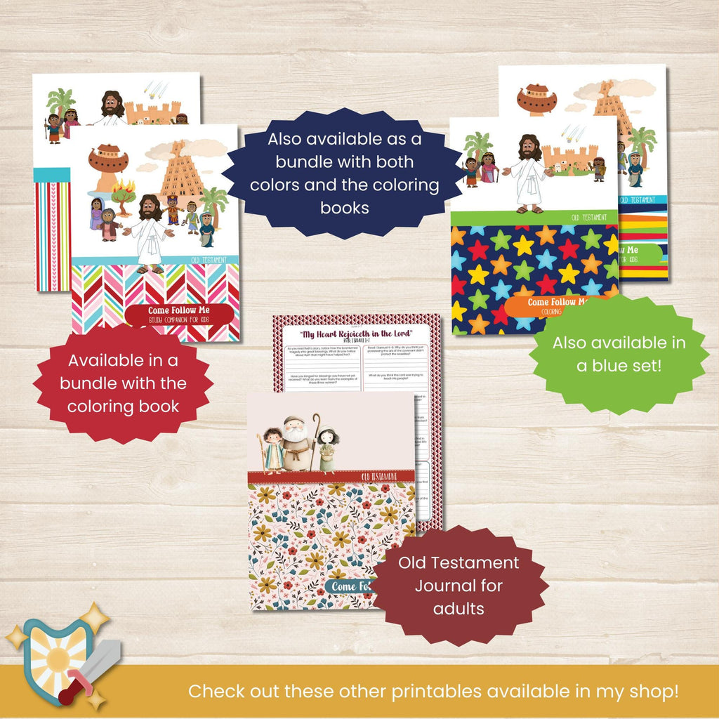 2026 Old Testament Come Follow Me study companion for kids in pink, red, and green colors. Two pages per lesson to help children learn from the scriptures with activities that have them look up verses, then color, draw, doodle or write what they learn.