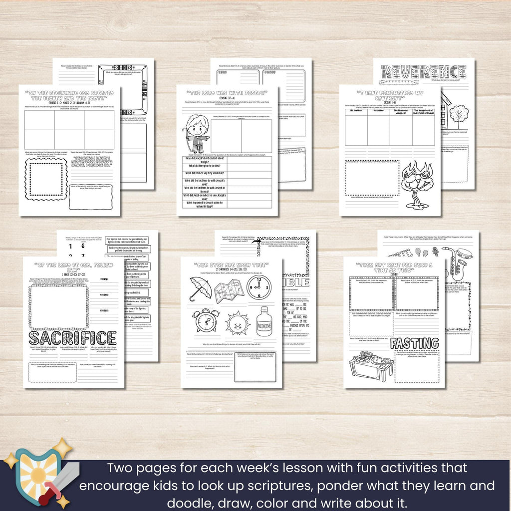 2026 Old Testament Come Follow Me study companion for kids in blue, red, and green colors. Two pages per lesson to help children learn from the scriptures with activities that have them look up verses, then color, draw, doodle or write what they learn.