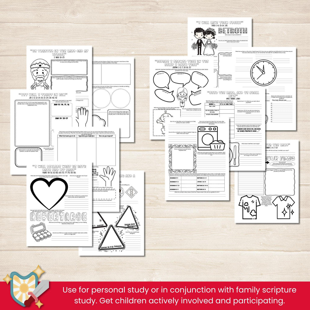 2026 Old Testament Come Follow Me study companion for kids in blue, red, and green colors. Two pages per lesson to help children learn from the scriptures with activities that have them look up verses, then color, draw, doodle or write what they learn.