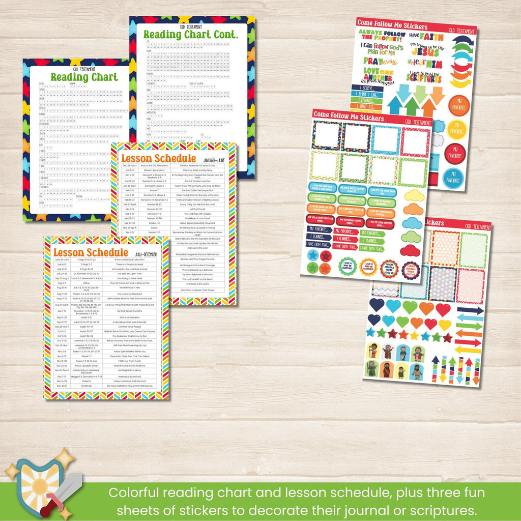 2026 Old Testament Come Follow Me study companion for kids in blue, red, and green colors. Two pages per lesson to help children learn from the scriptures with activities that have them look up verses, then color, draw, doodle or write what they learn.