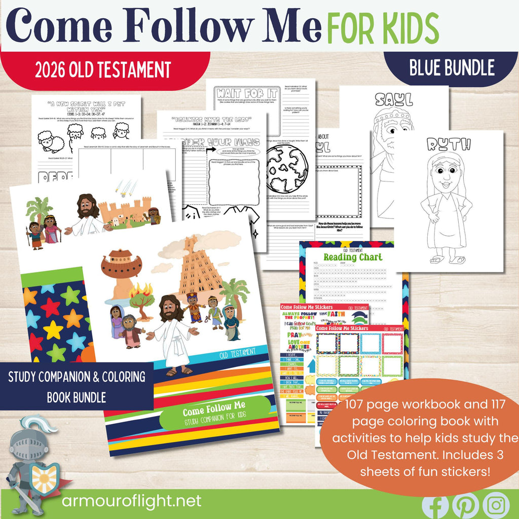 2026 Old Testament Come Follow Me bundle that includes the workbook and coloring book for kids in blue, red, and green colors. Two pages per lesson to help children learn from the scriptures with activities that have them look up verses, then color, draw, doodle or write what they learn. Coloring book includes 117 pages with people from the Old Testament to color and a companion journal page with activities for each character.